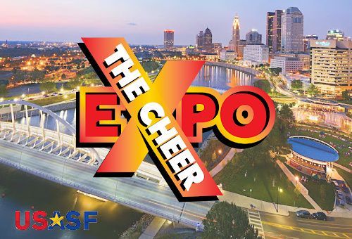 A poster for the expo cheer with a city in the background