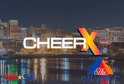 A cheer x logo with a city skyline in the background