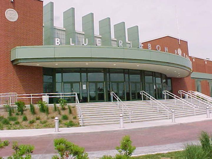 A large building with the word blue ribbon on it