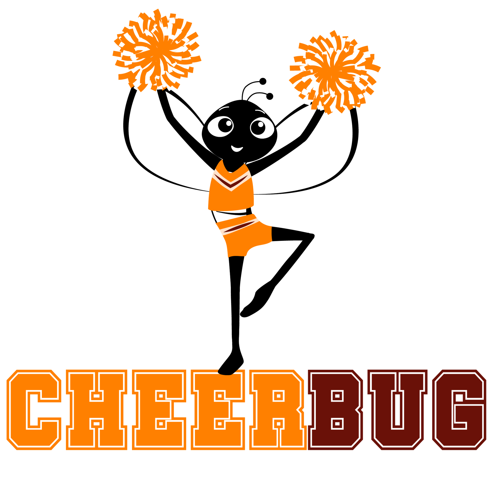 A cheerbug logo with a cheerleader holding pom poms