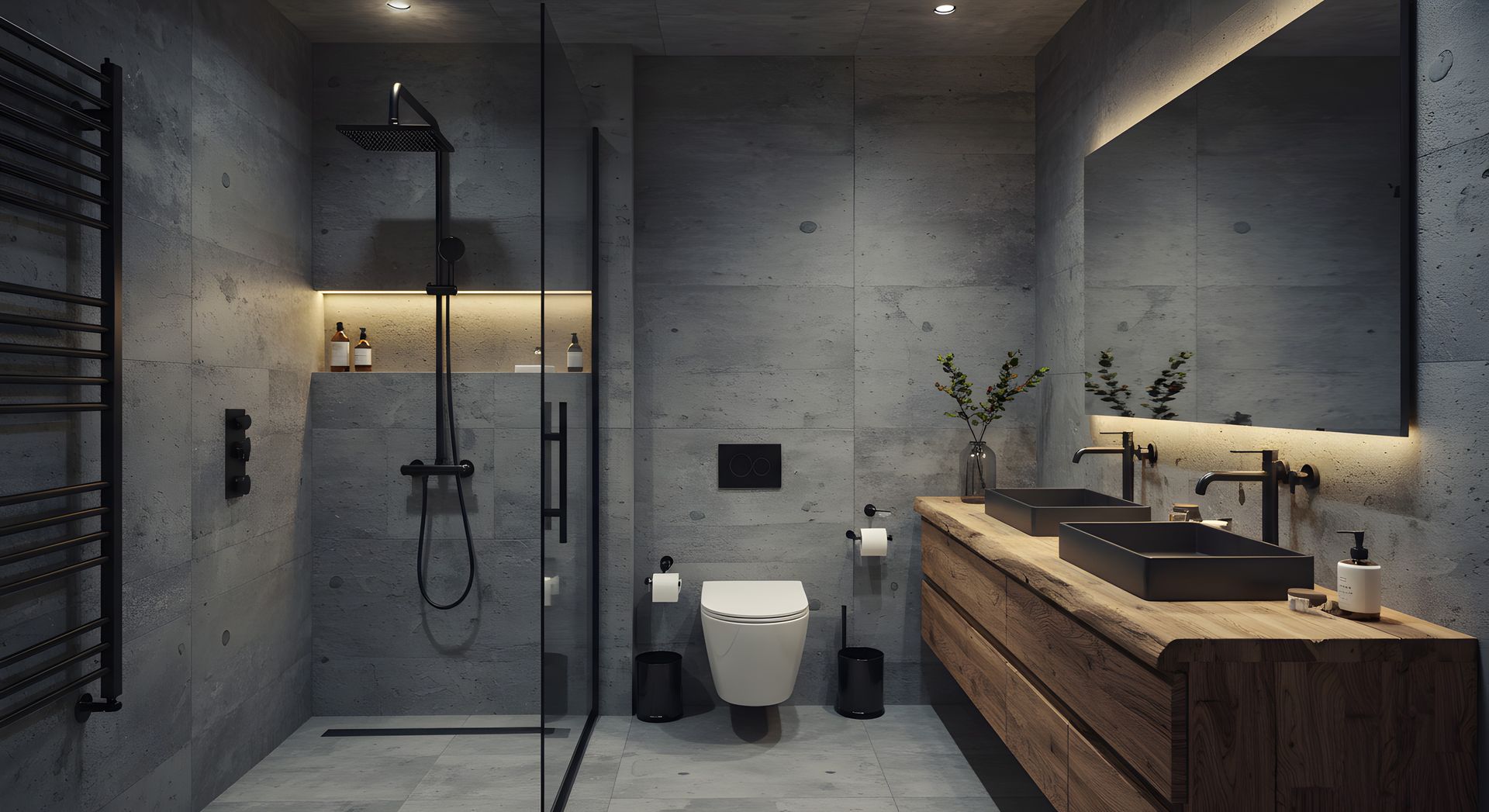 Modern bathroom interior design with concrete walls, elegant wooden vanity, and black fixtures.