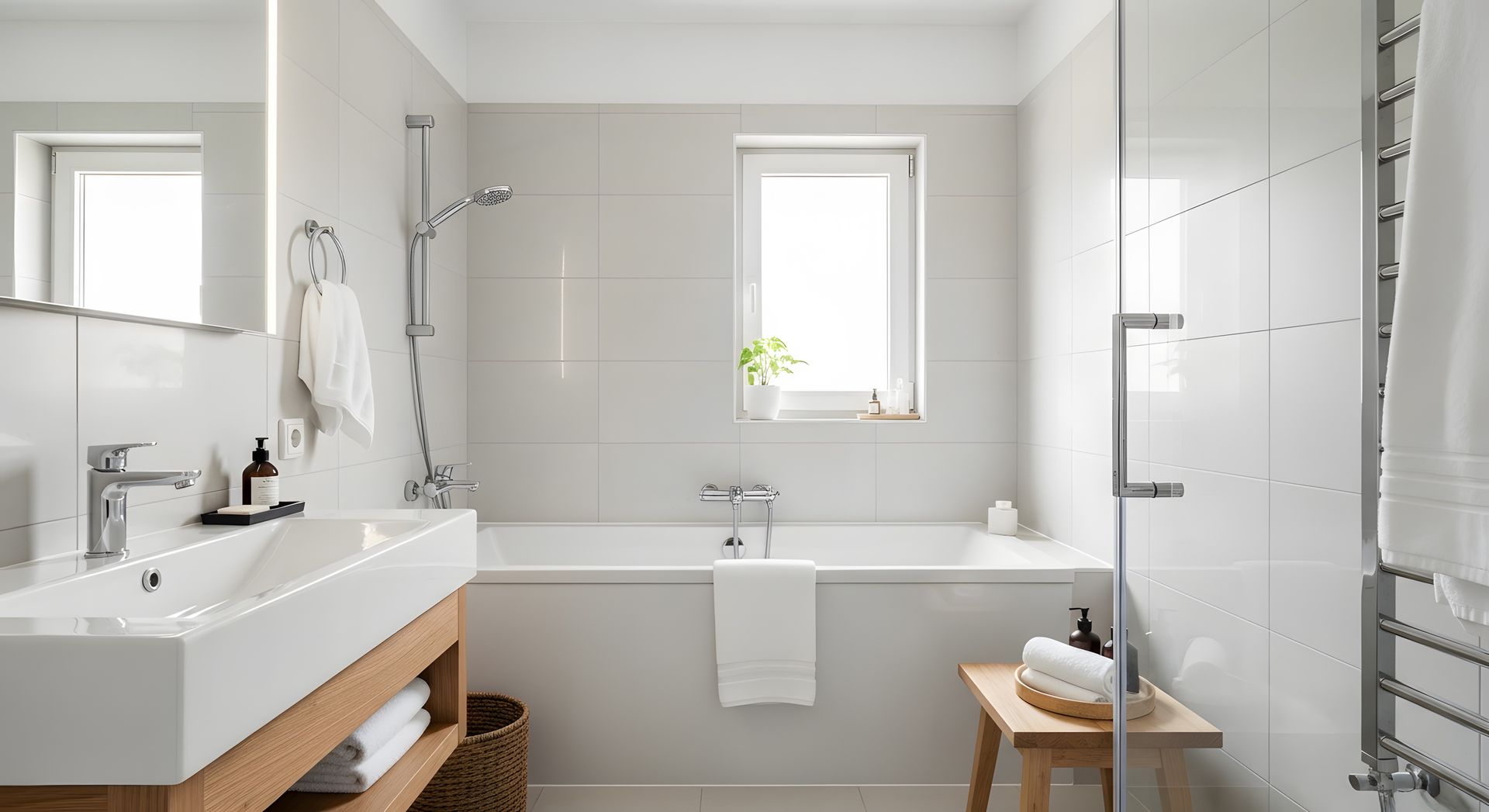 Modern bathroom with a white vanity, a bathtub under a window, a glass-enclosed shower, and neutral-toned tiled walls.