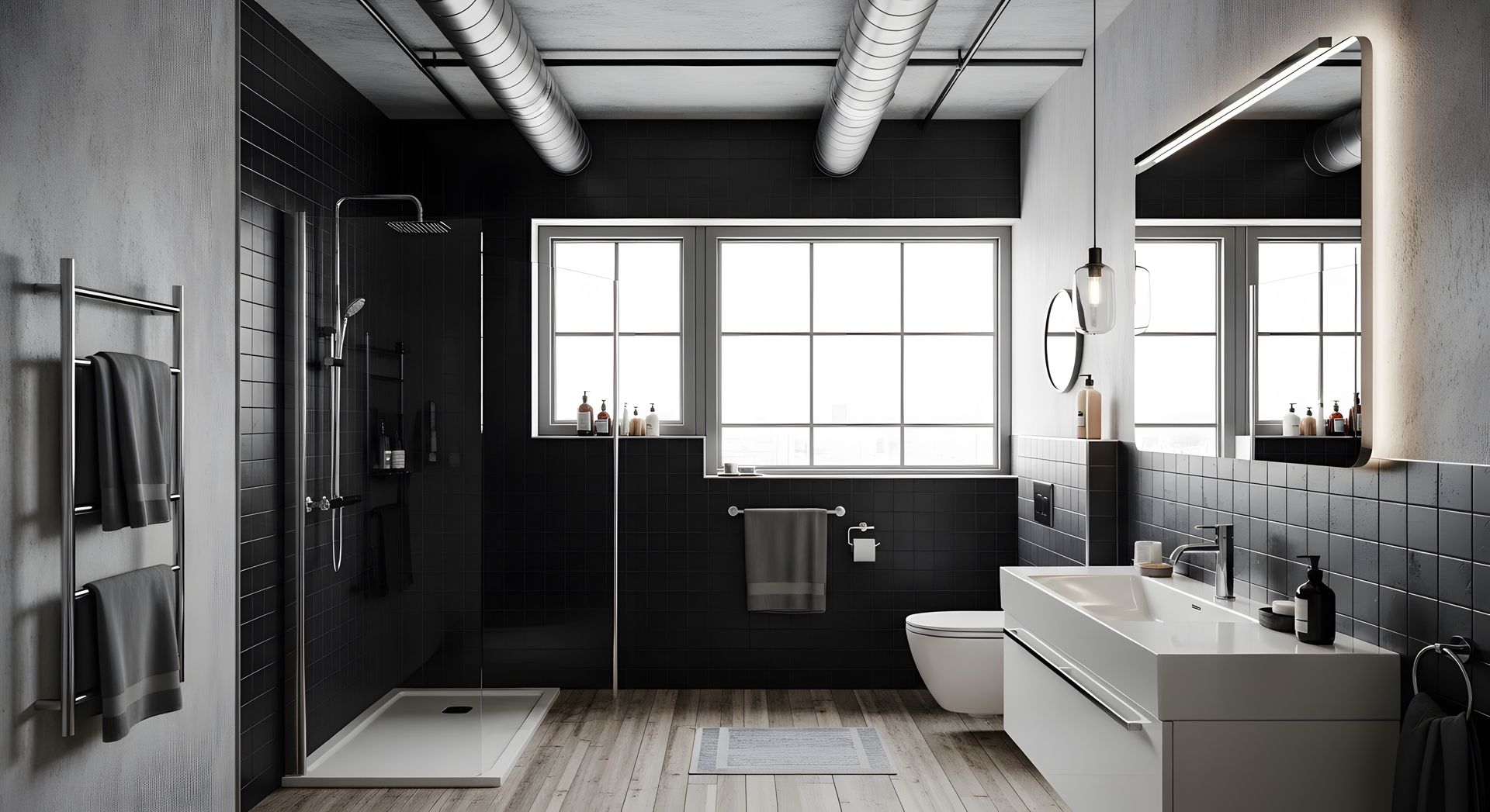 Modern industrial-style bathroom with black tiled walls, white sink vanity, walk-in shower, and large window.