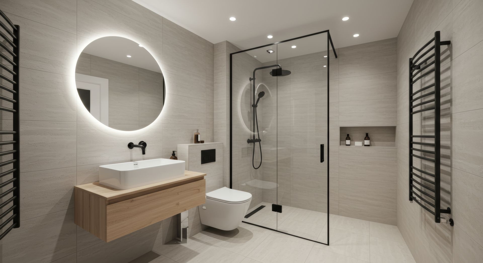 A modern, minimalist bathroom with beige tiled walls, a floating wooden vanity, circular backlit mirror, and glass shower.
