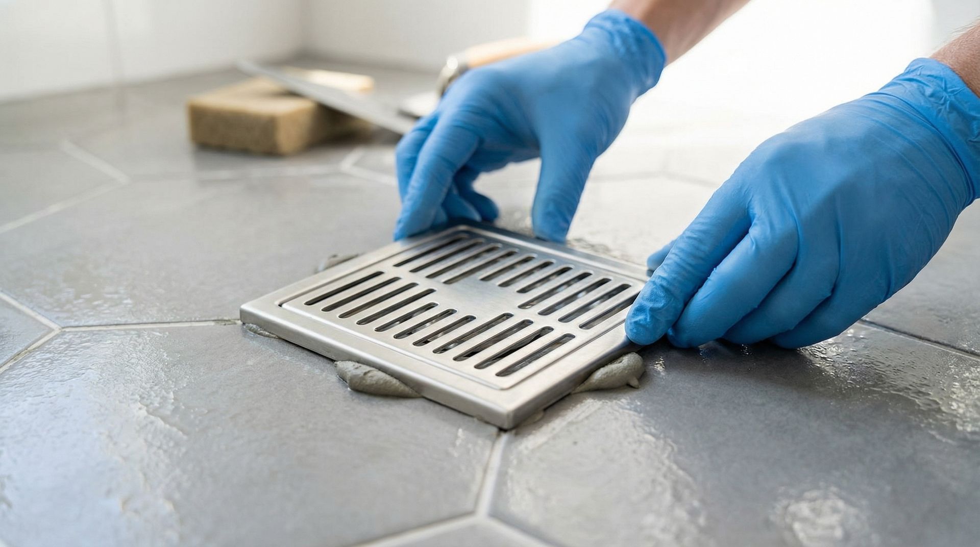 Bathroom Remodeler installing floor drain grate with gloves in bathroom renovation. Bathroom Remodeler installing floor drain grate with gloves in bathroom renovation.