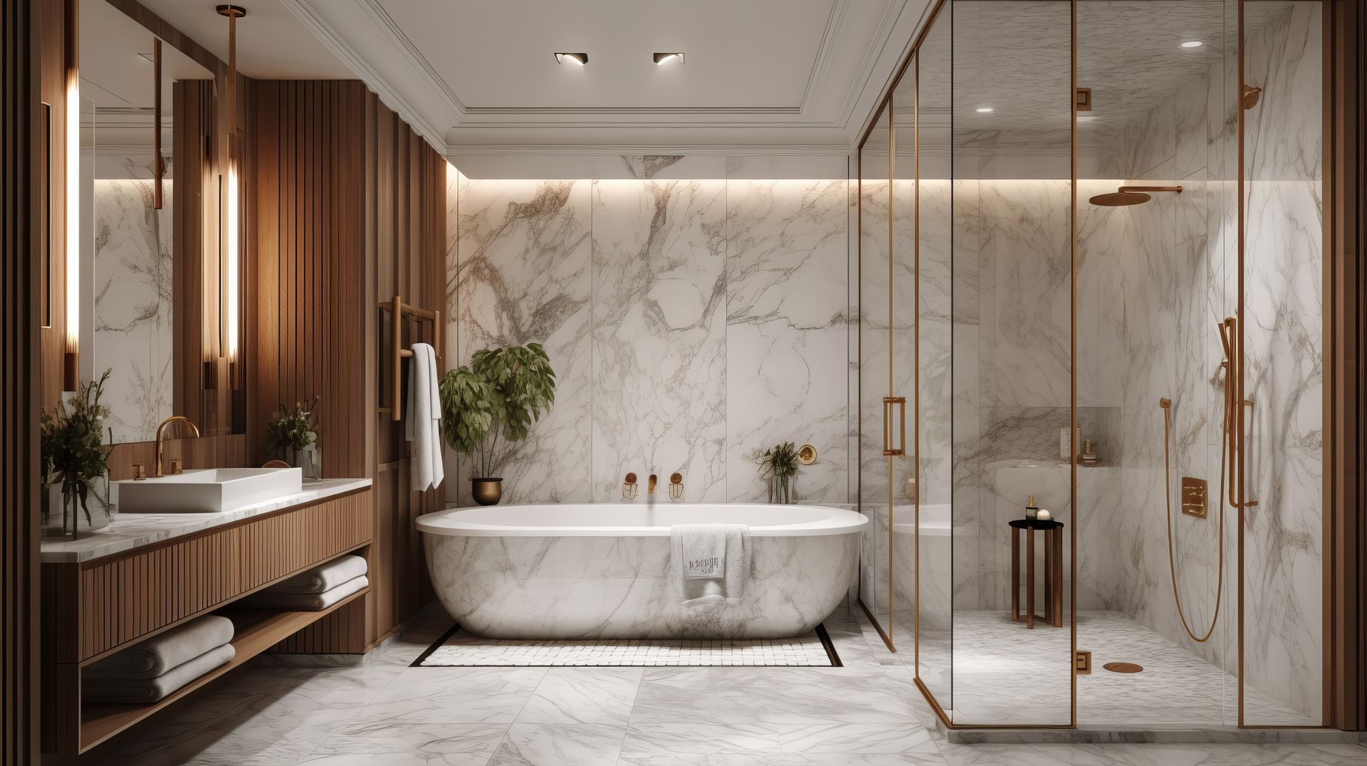 A luxury bathroom with a marble freestanding tub, a glass-enclosed shower, wood vanity, and gold fixtures.