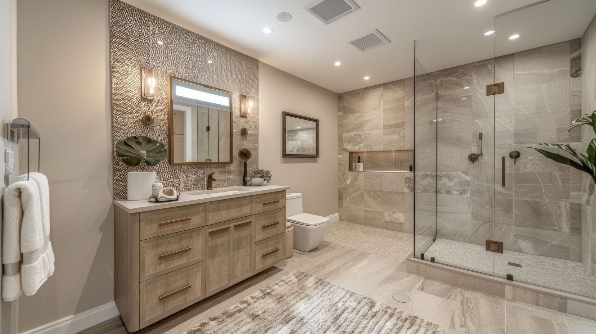 Modern bathroom with light wood vanity, patterned tile backsplash, walk-in glass shower, and marble flooring.