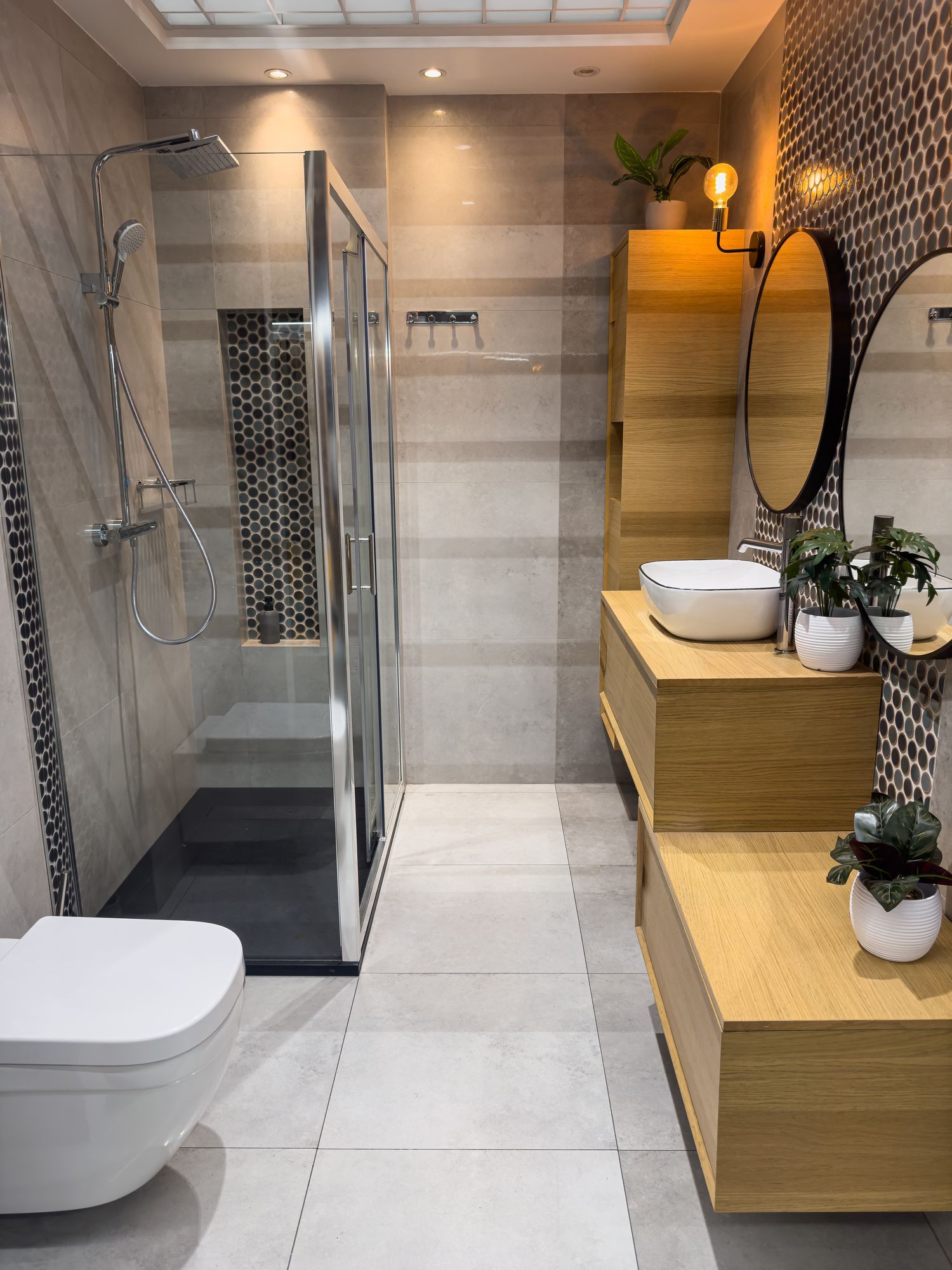 Bathroom interior design with glass shower.