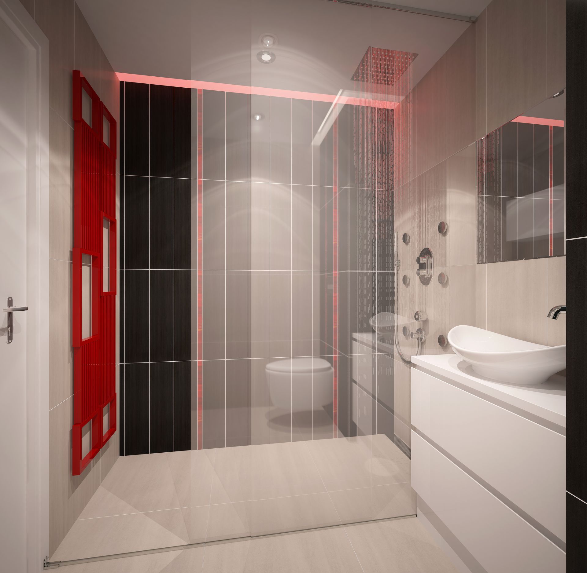 Modern bathroom with red, black, and white accents, glass shower, and floating vanity.
