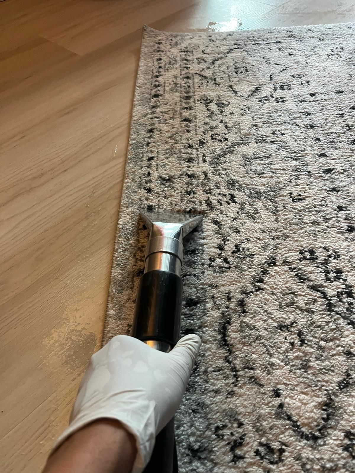 A person is using a vacuum cleaner to clean a rug.