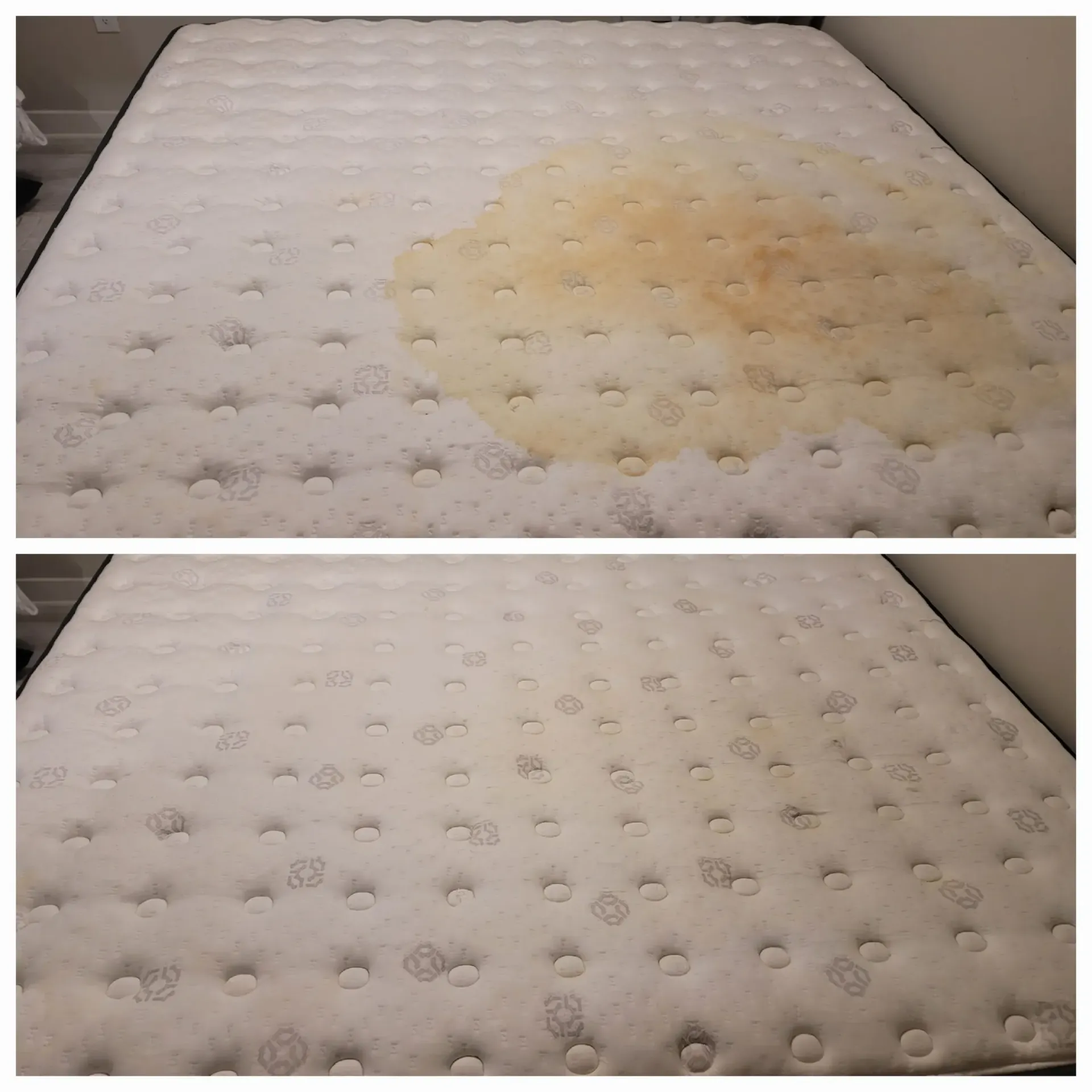 A before and after picture of a mattress with stains on it