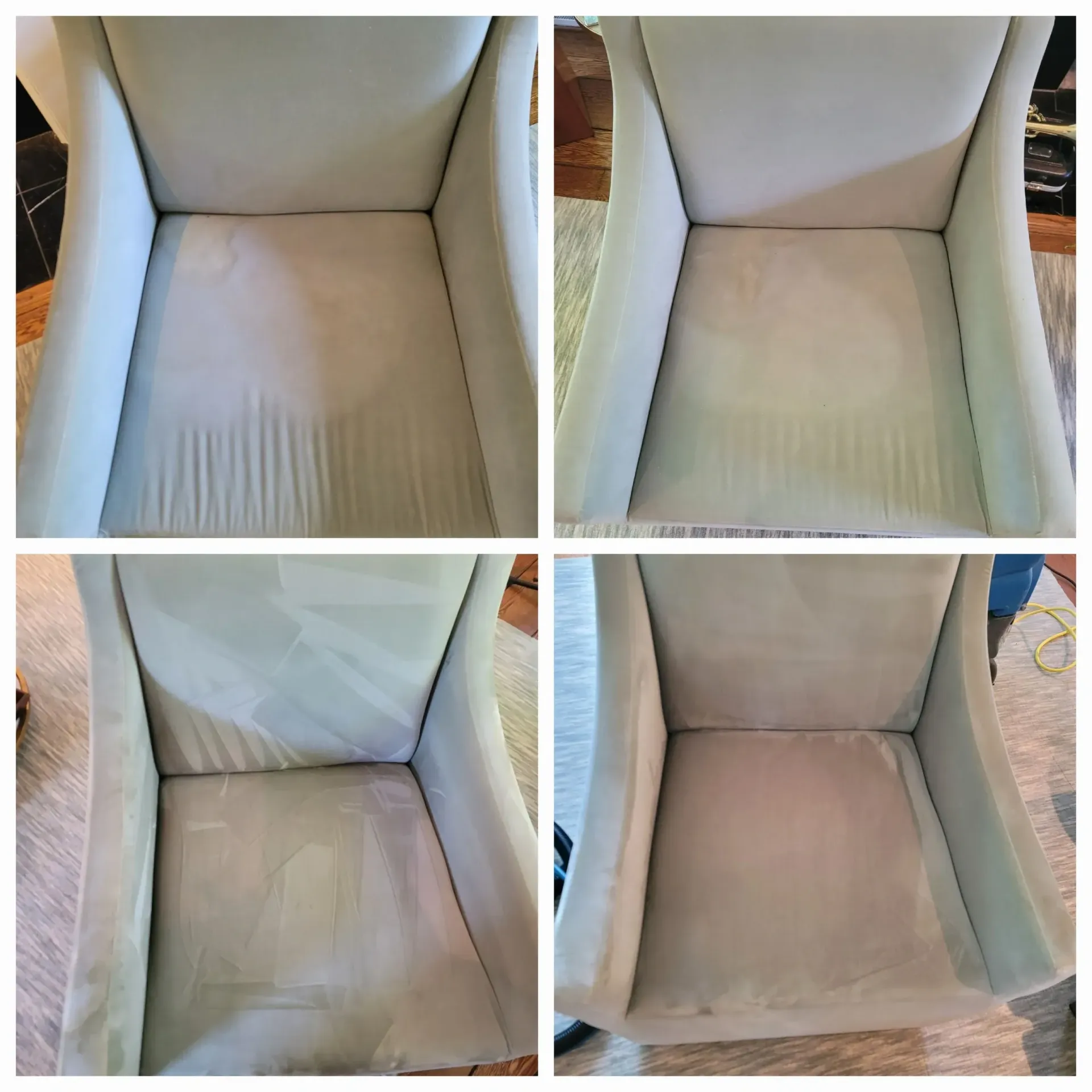 Four pictures of a chair before and after being cleaned