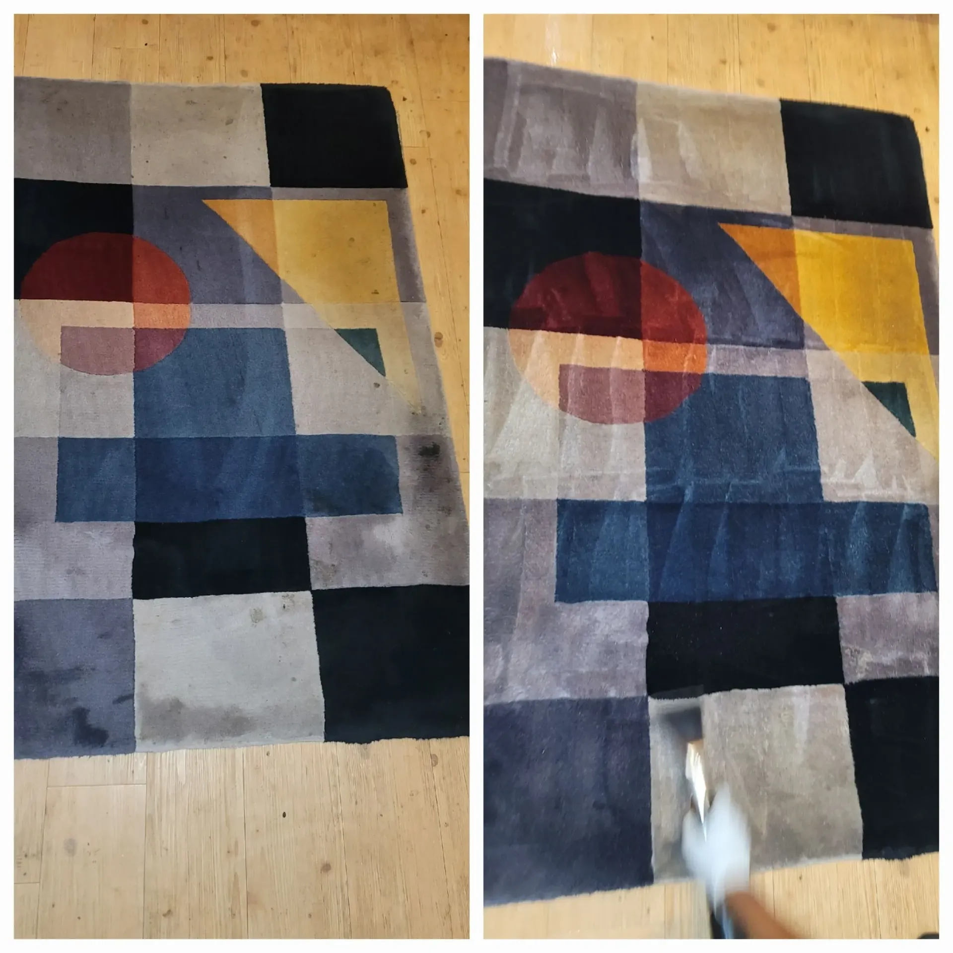 Two pictures of a rug before and after being cleaned