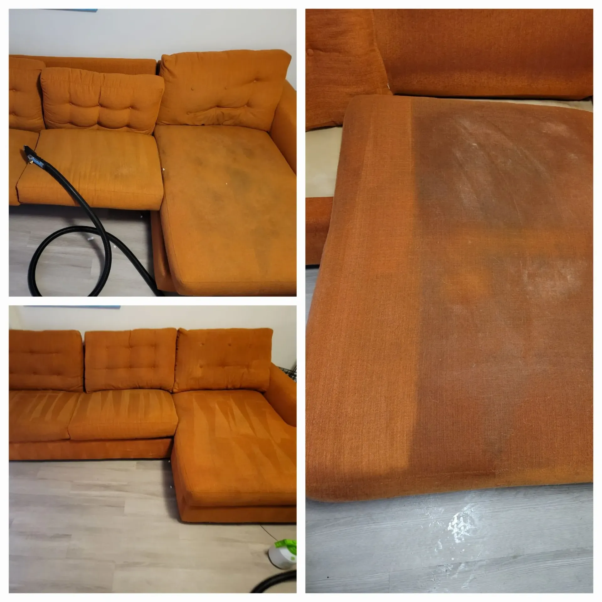 A collage of photos showing a couch before and after being cleaned