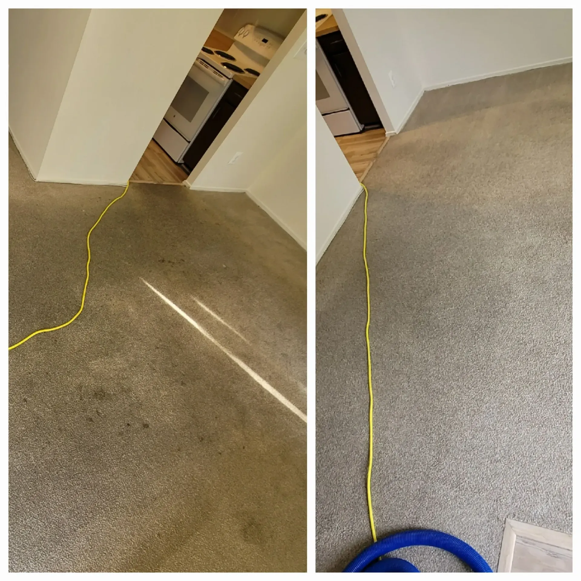 A before and after picture of a carpet being cleaned