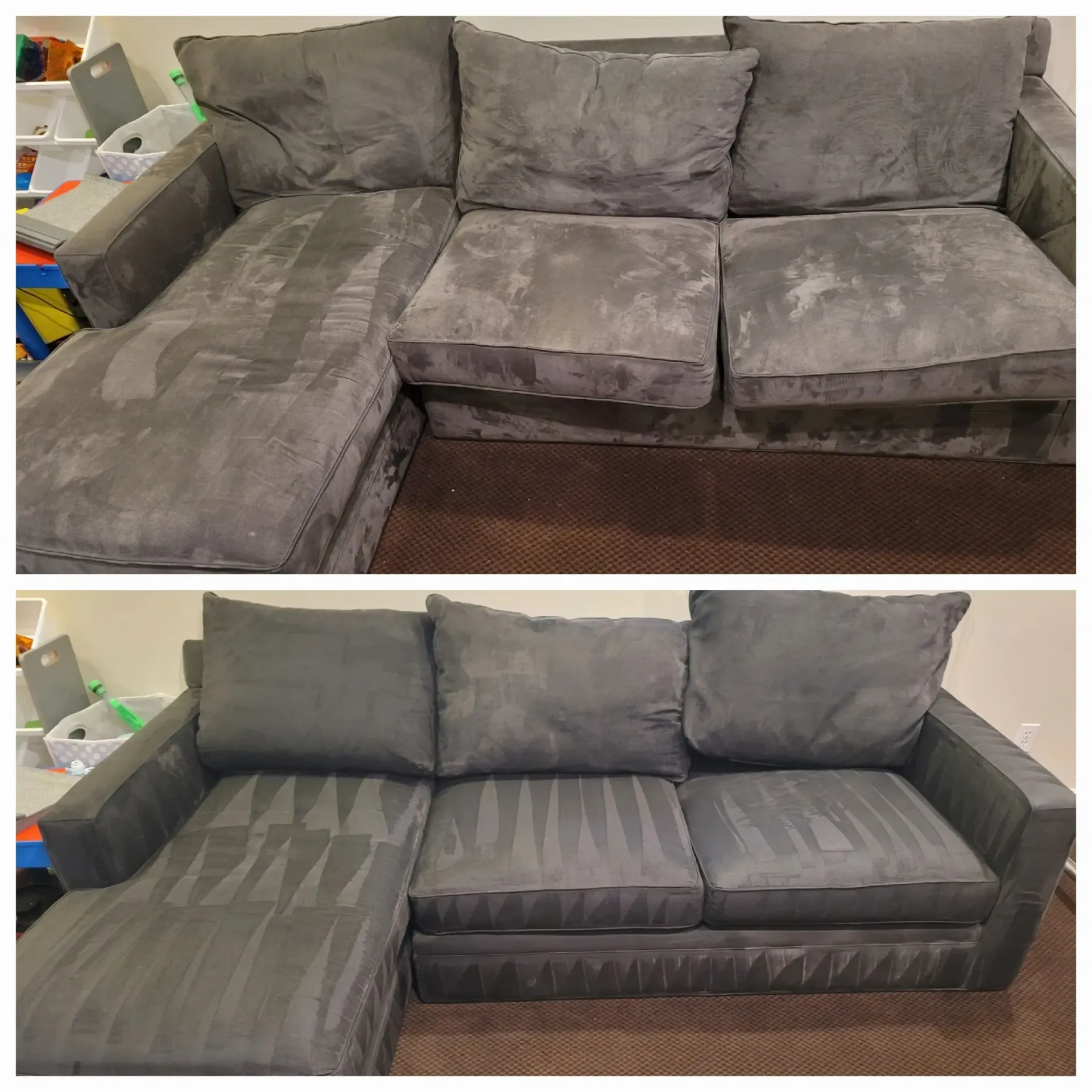 A before and after picture of a grey couch.