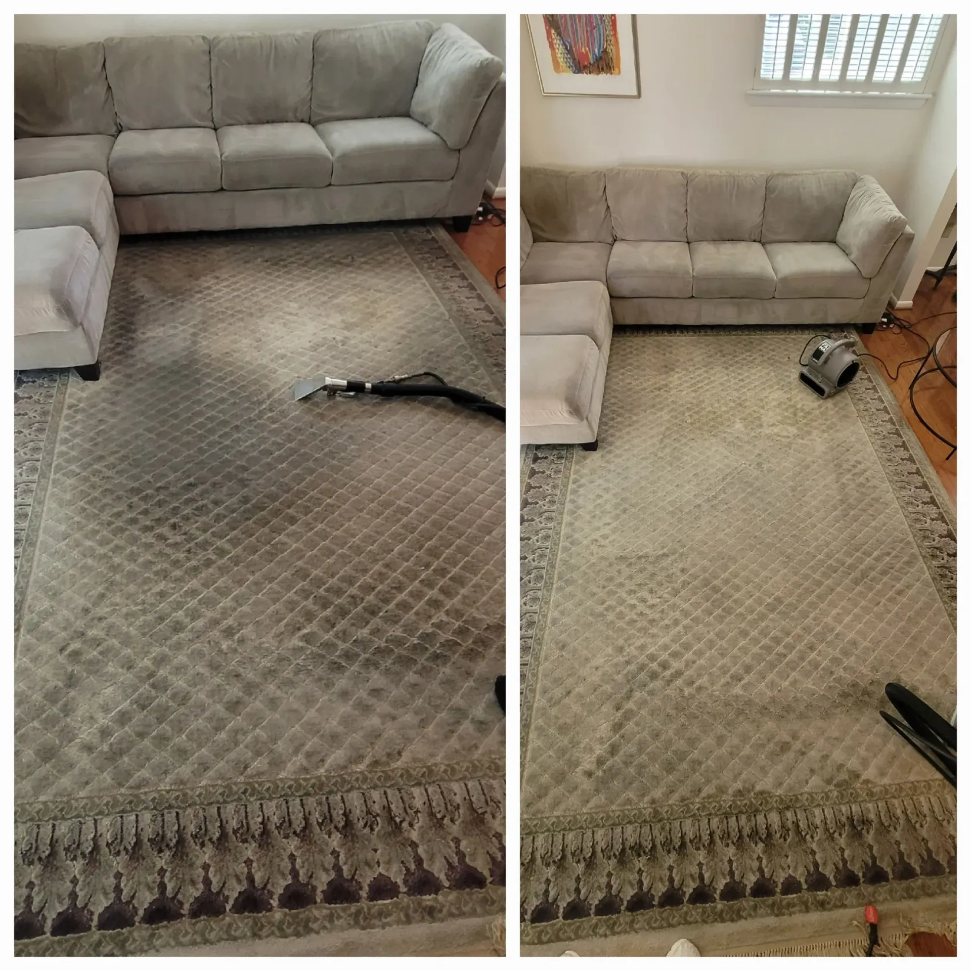 A before and after picture of a rug being cleaned in a living room.