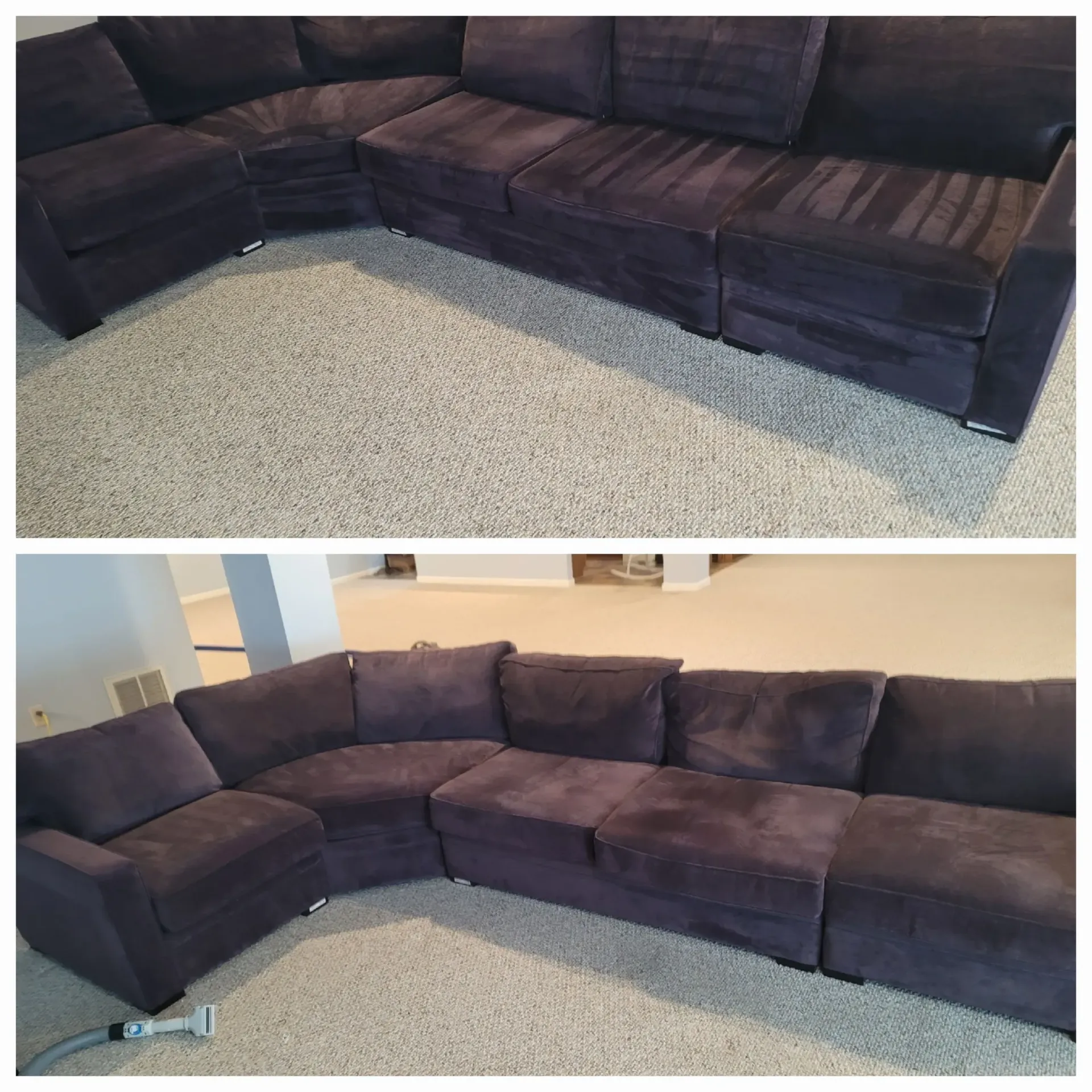 A before and after photo of a purple sectional couch
