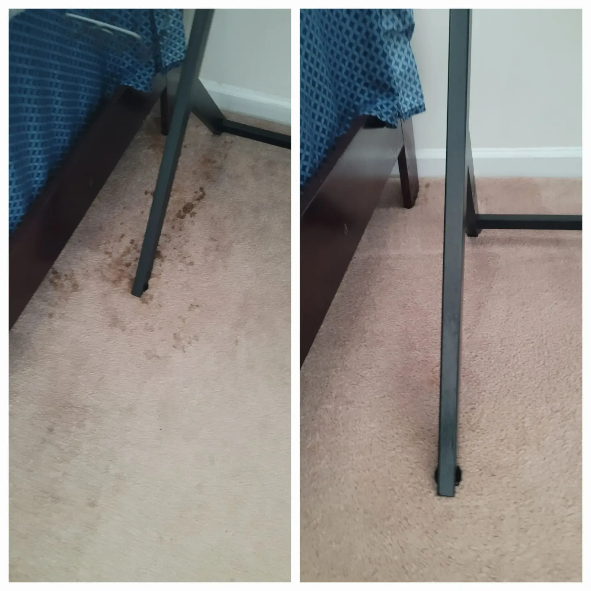 A before and after photo of a dirty carpet and a clean carpet.