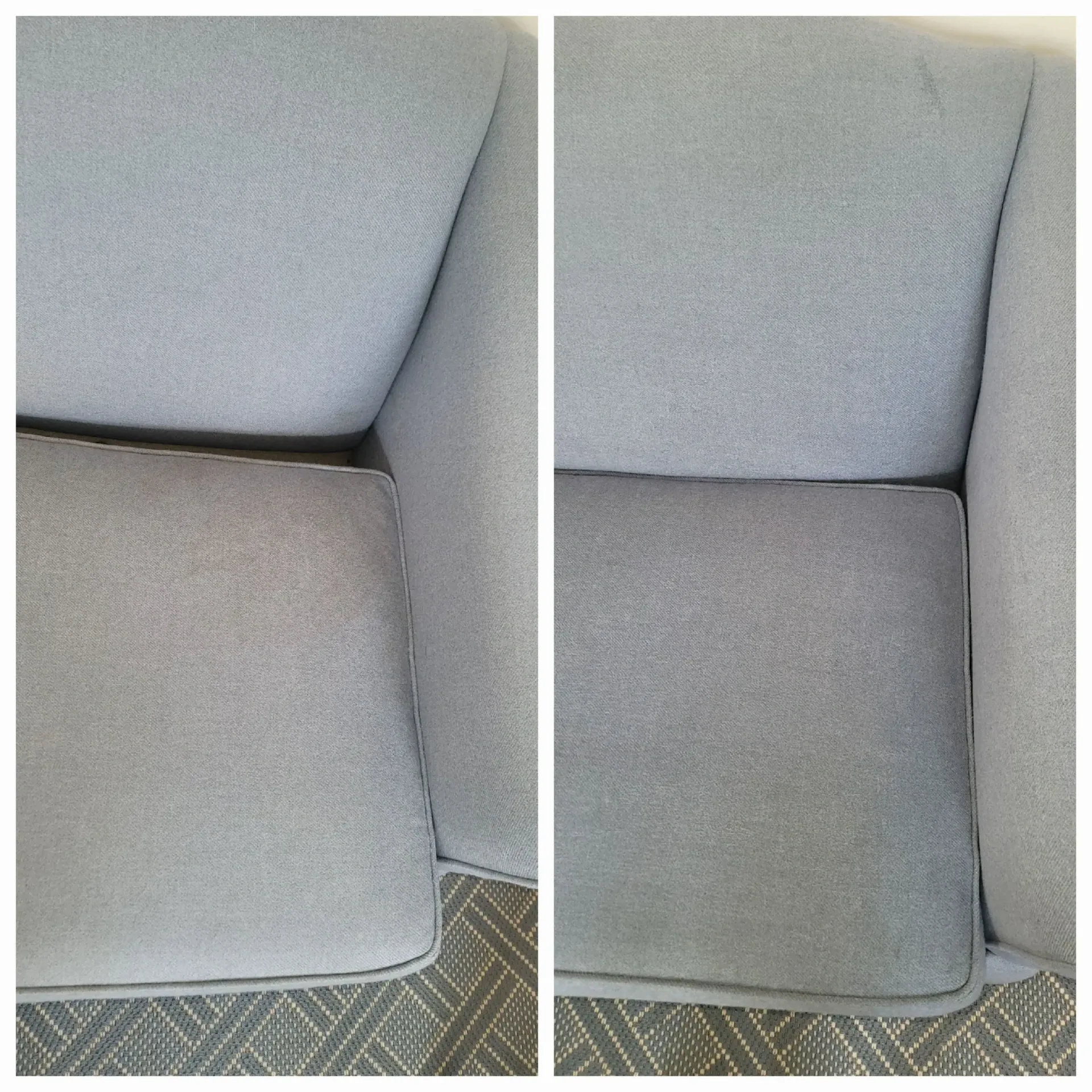 A before and after photo of a grey couch