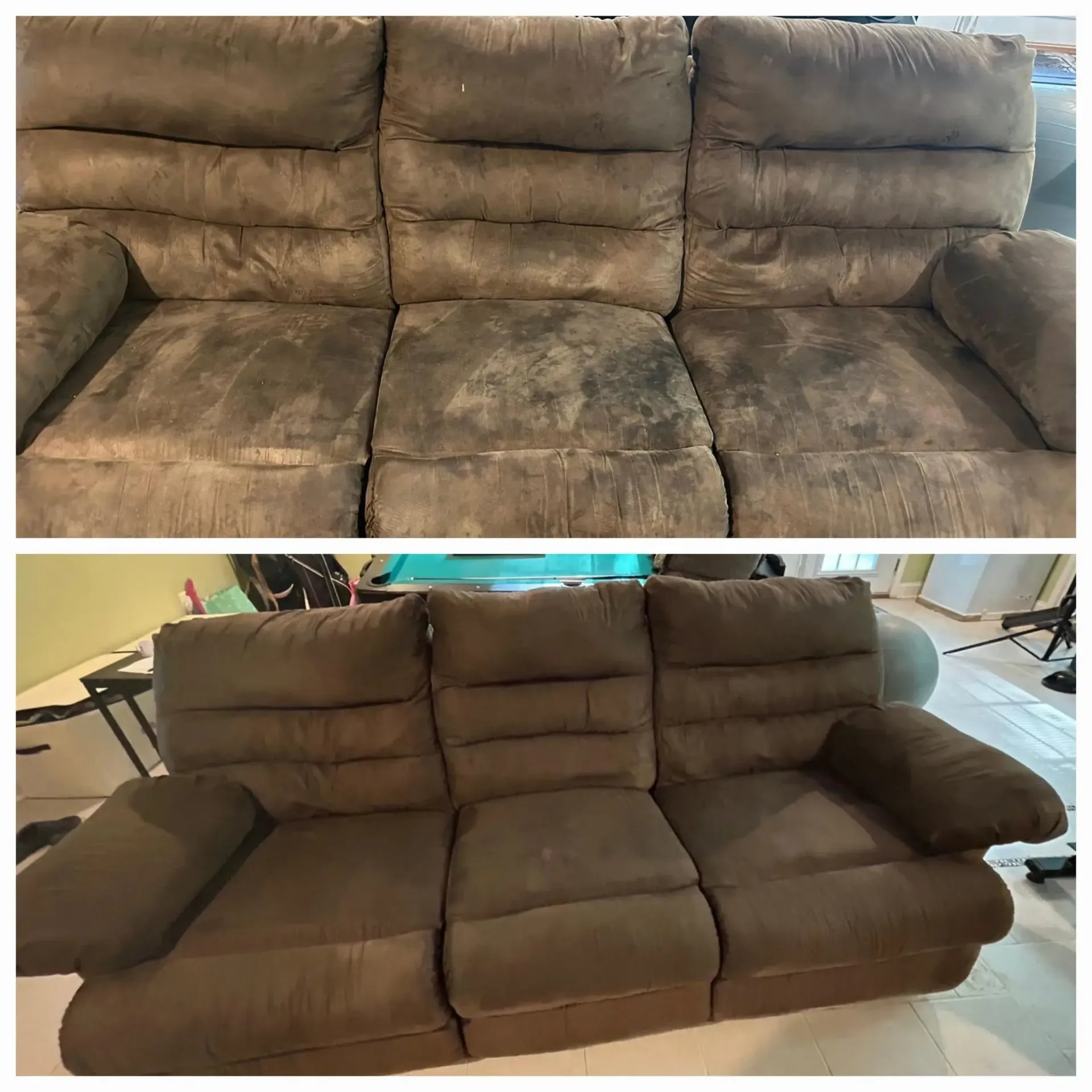 A before and after picture of a couch that has been cleaned.
