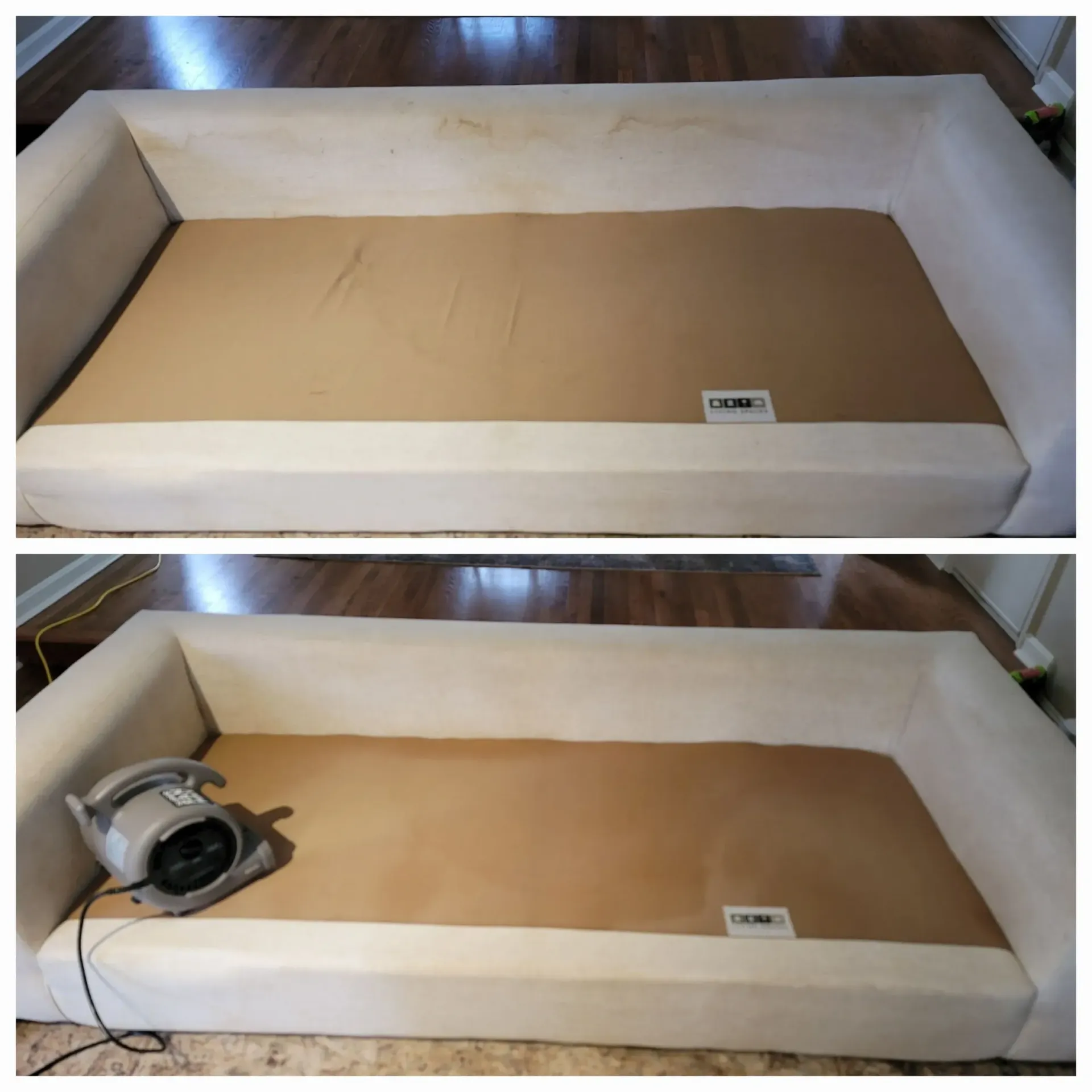 A before and after photo of a white couch