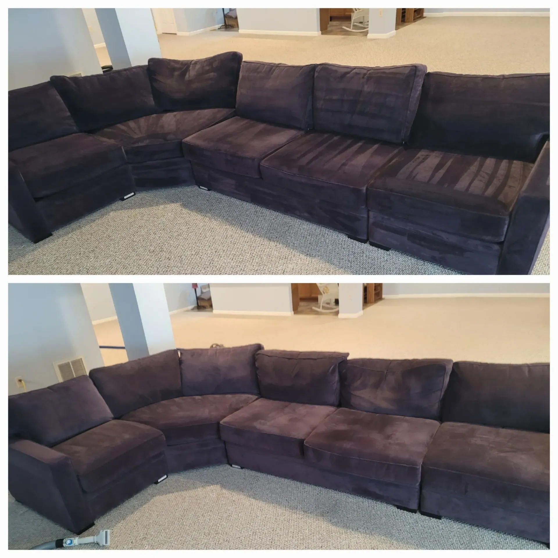 A before and after picture of a purple sectional couch