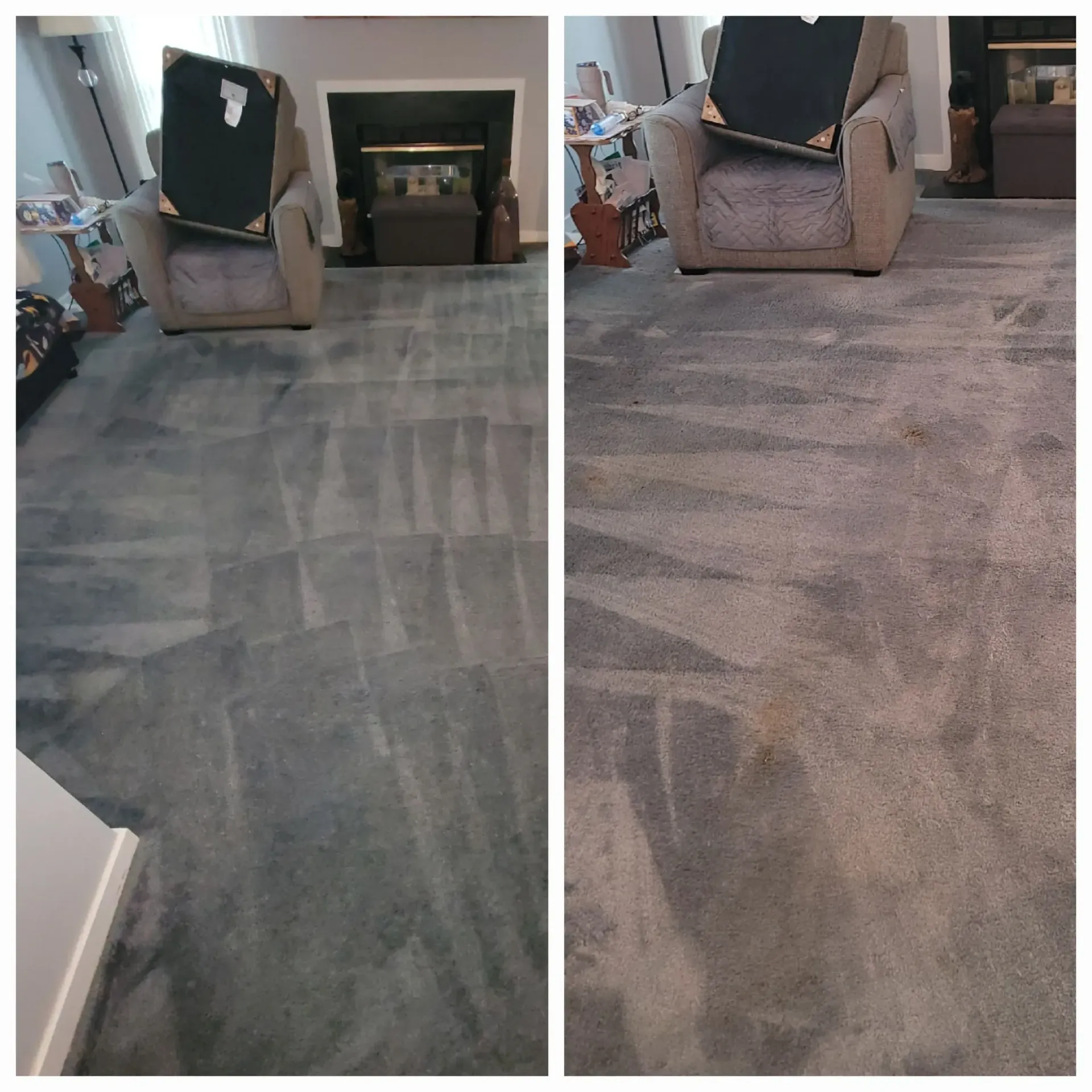 A before and after picture of a carpet in a living room