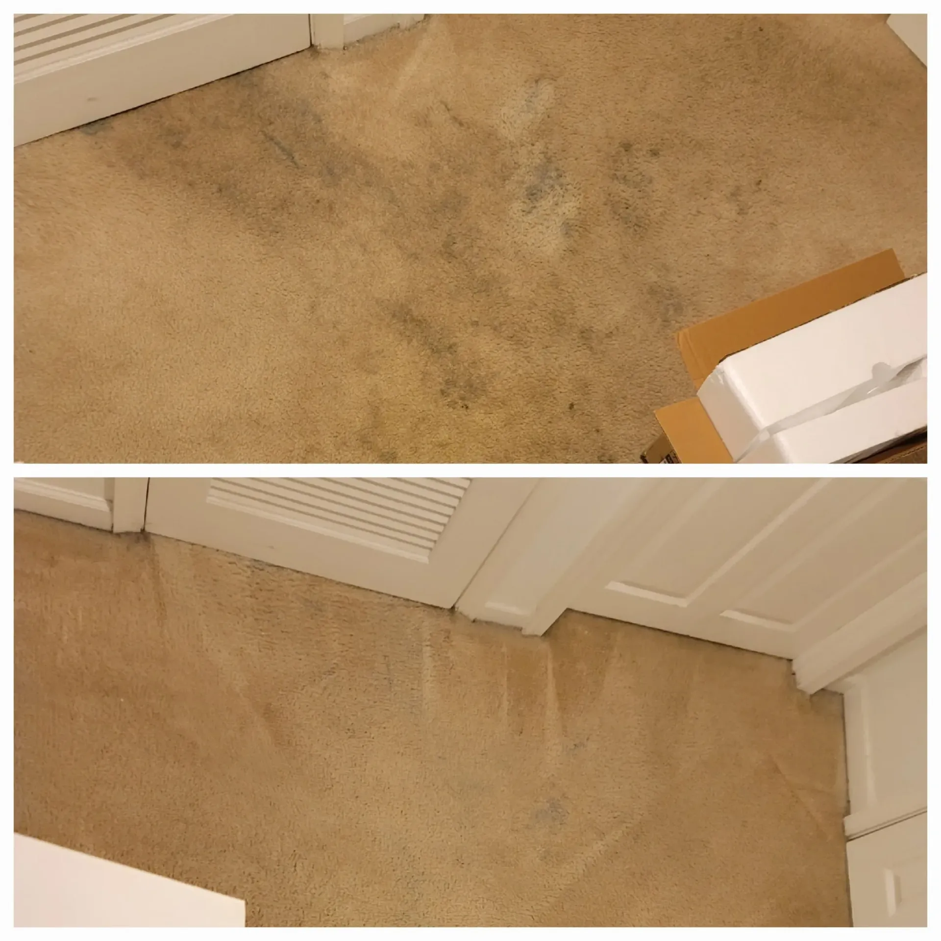 A before and after picture of a dirty carpet