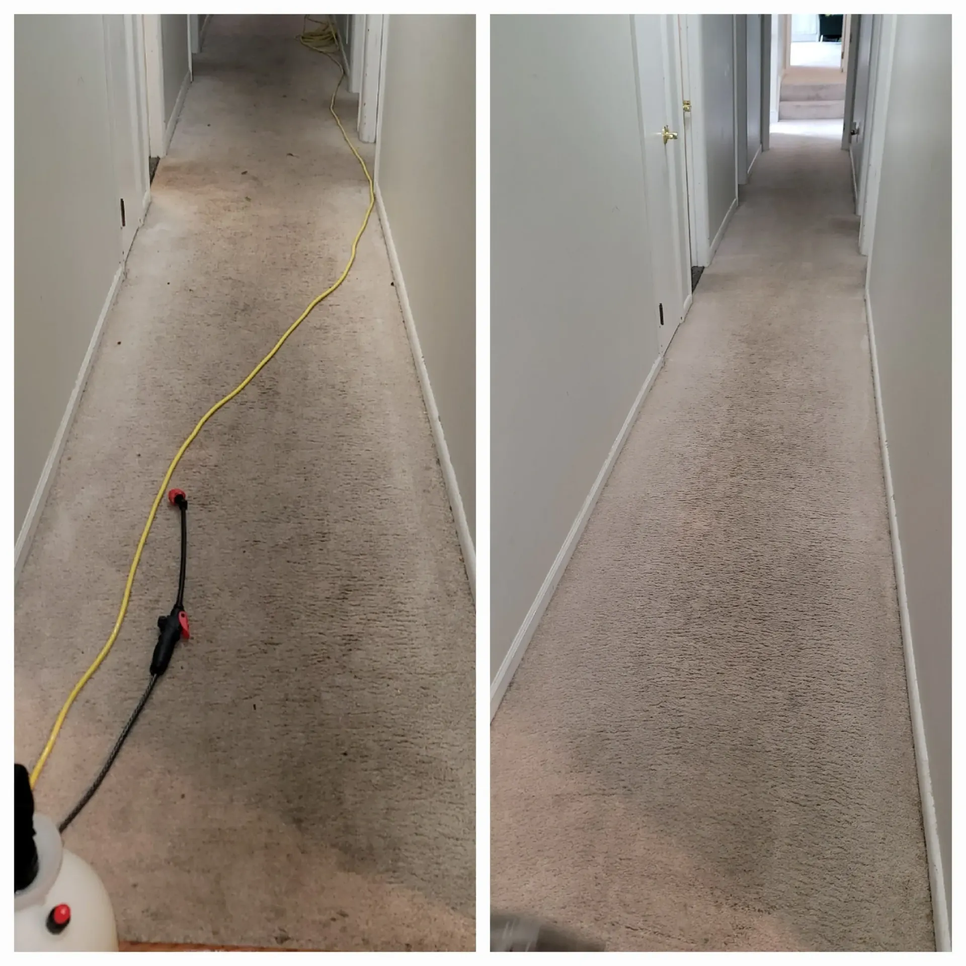 A before and after photo of a hallway carpet being cleaned.