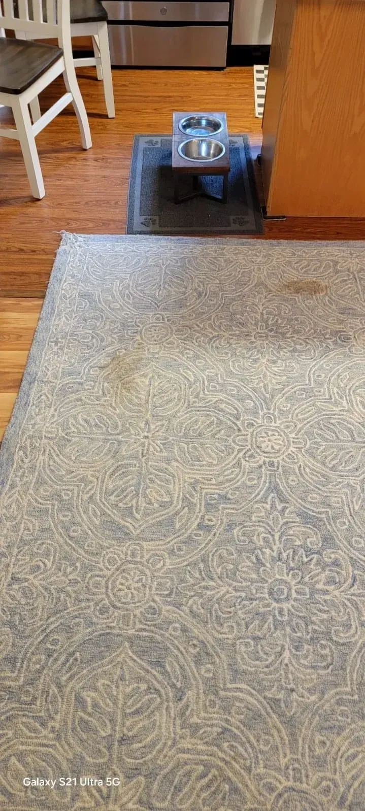 A dog bowl is sitting on a rug in a kitchen.