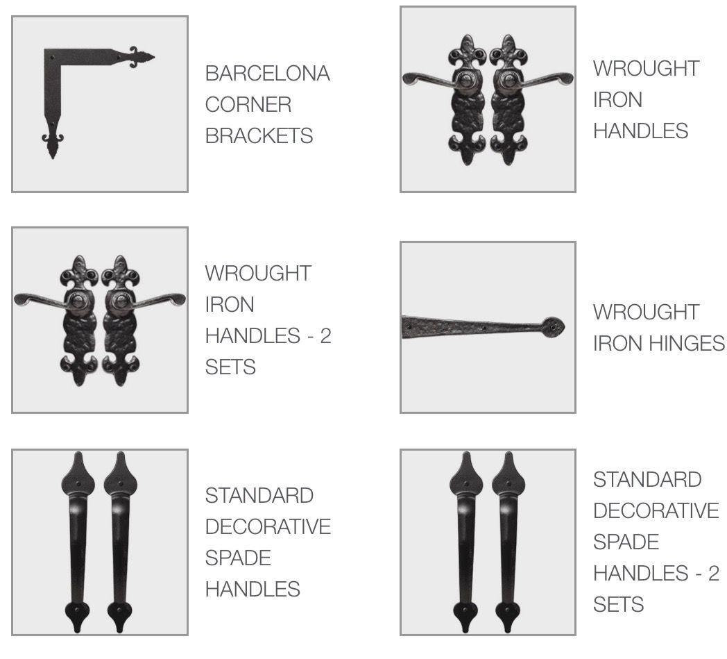 Hardware samples: corner brackets, handles, and hinges.