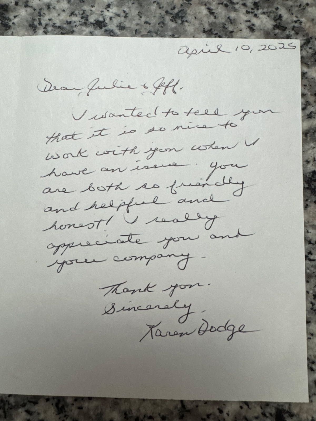 Handwritten thank you note: 