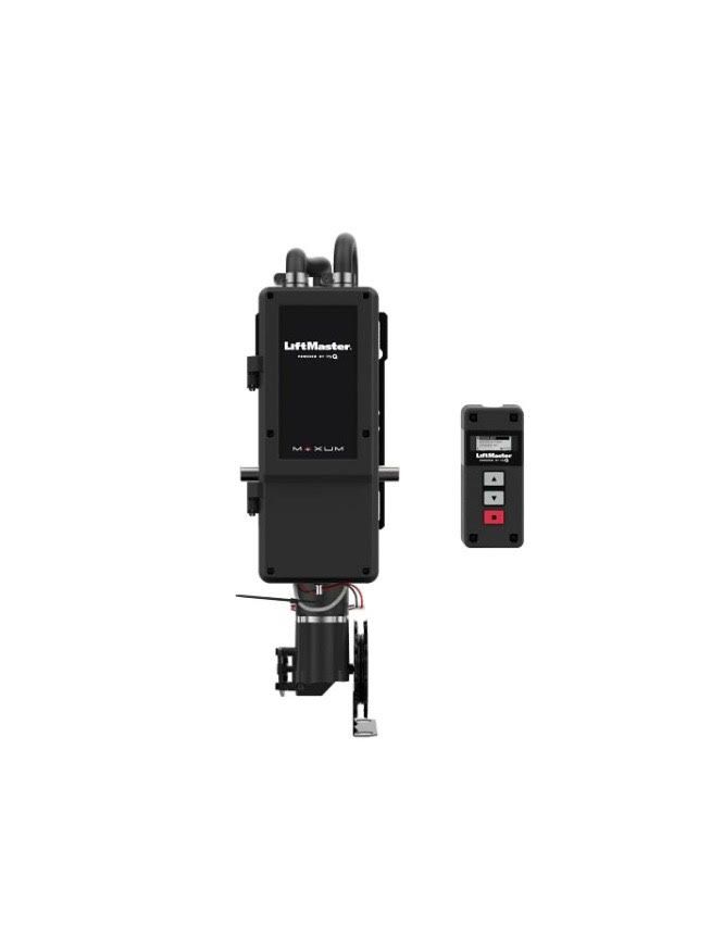 Black garage door opener with a remote control, against a white background.