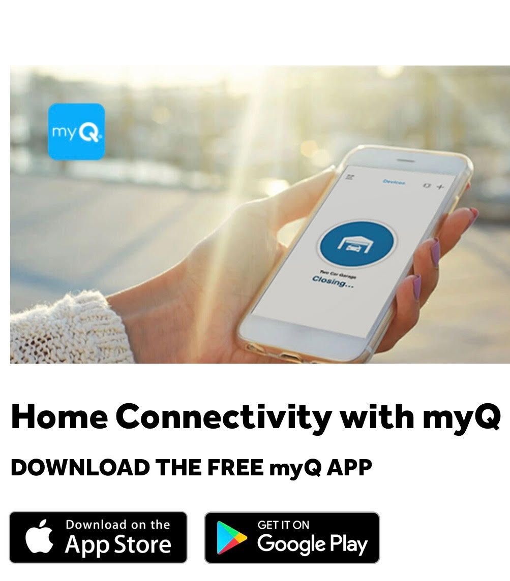 Hand holding a phone with the myQ app open, advertising home connectivity. Includes App Store and Google Play download buttons.