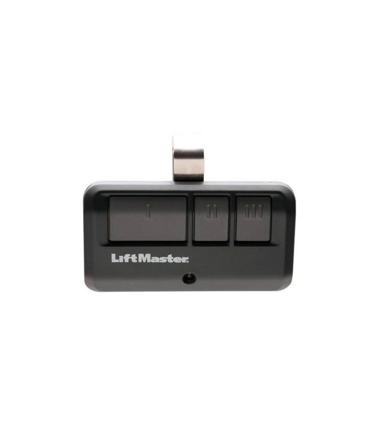 LiftMaster three-button garage door opener remote in black with silver clip.