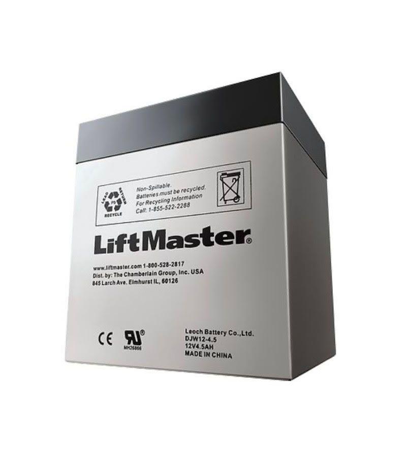 Gray LiftMaster battery with black top, white text, and recycling symbols.