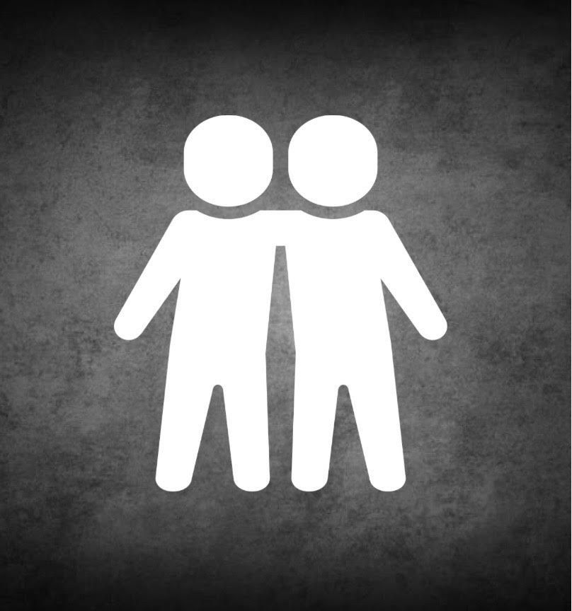 Two stick figures with arms around each other, white on a dark, textured background.