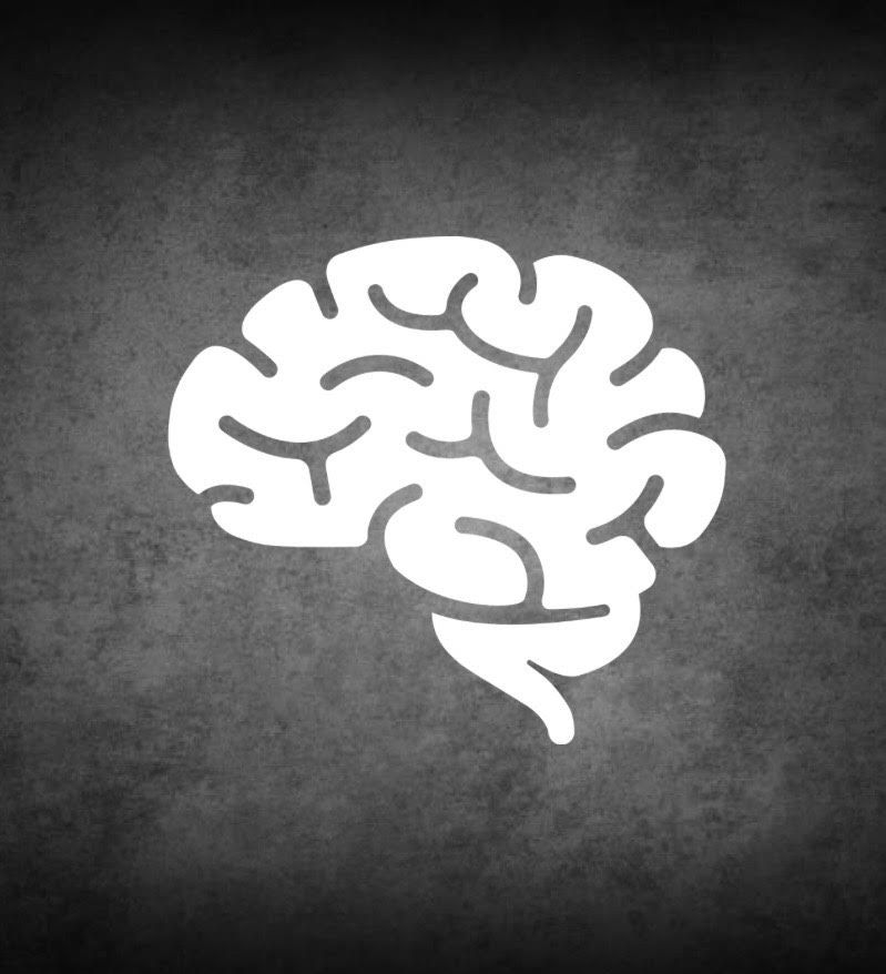 White brain icon on a gray textured background.