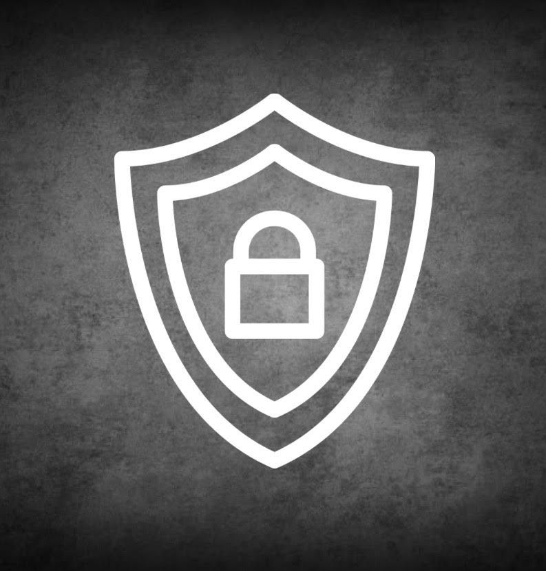 White shield icon with padlock on a grey textured background.