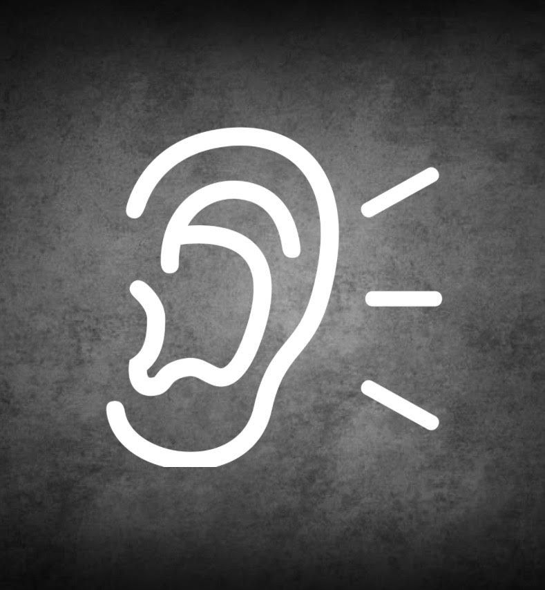 Outline of a white ear with radiating lines on a dark background.