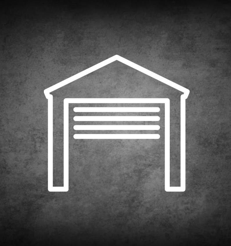 White outline of a garage with a roll-up door on a textured, dark gray background.
