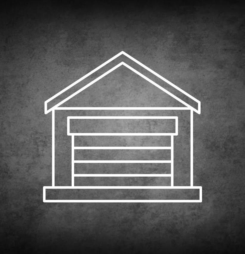 White line drawing of a garage on a textured dark background.