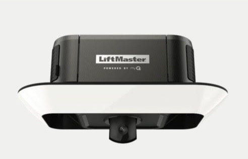 LiftMaster garage door opener, black and white, bottom view.