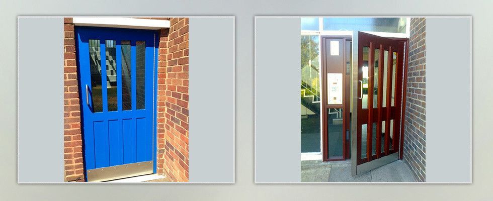 two pictures of a blue door and a brown door