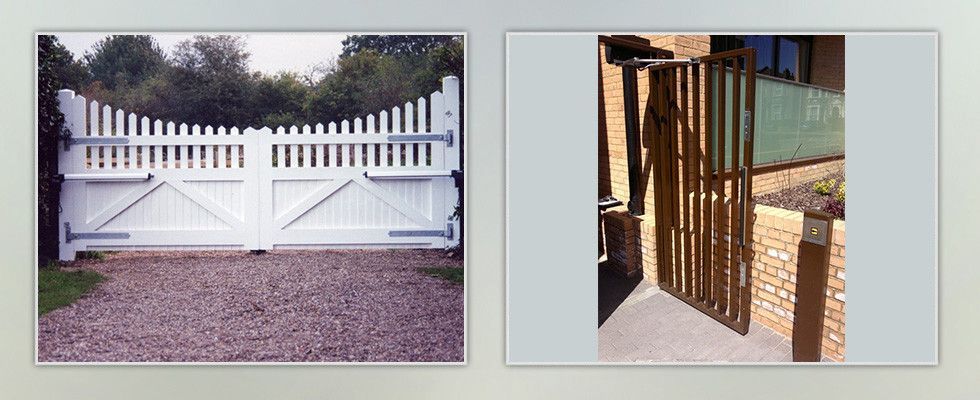 a picture of a white gate next to a picture of a brick building