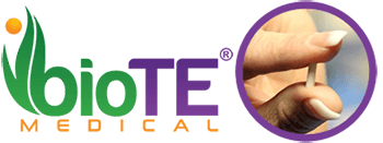 A biote medical logo with a person holding a pill