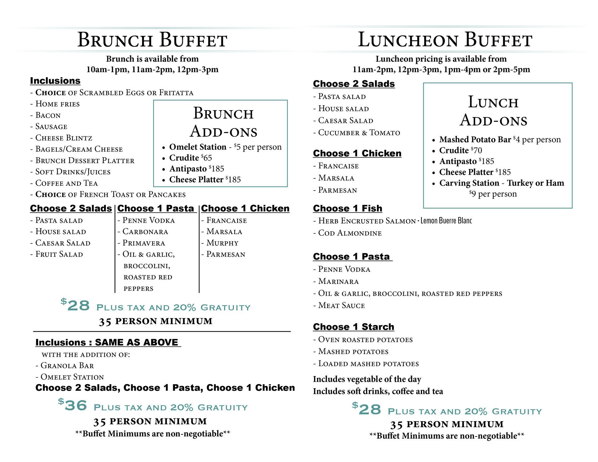 A menu for a brunch buffet and luncheon buffet