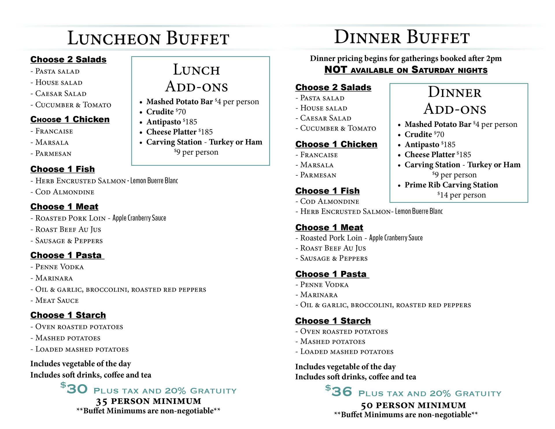 A menu for a lunch and dinner buffet