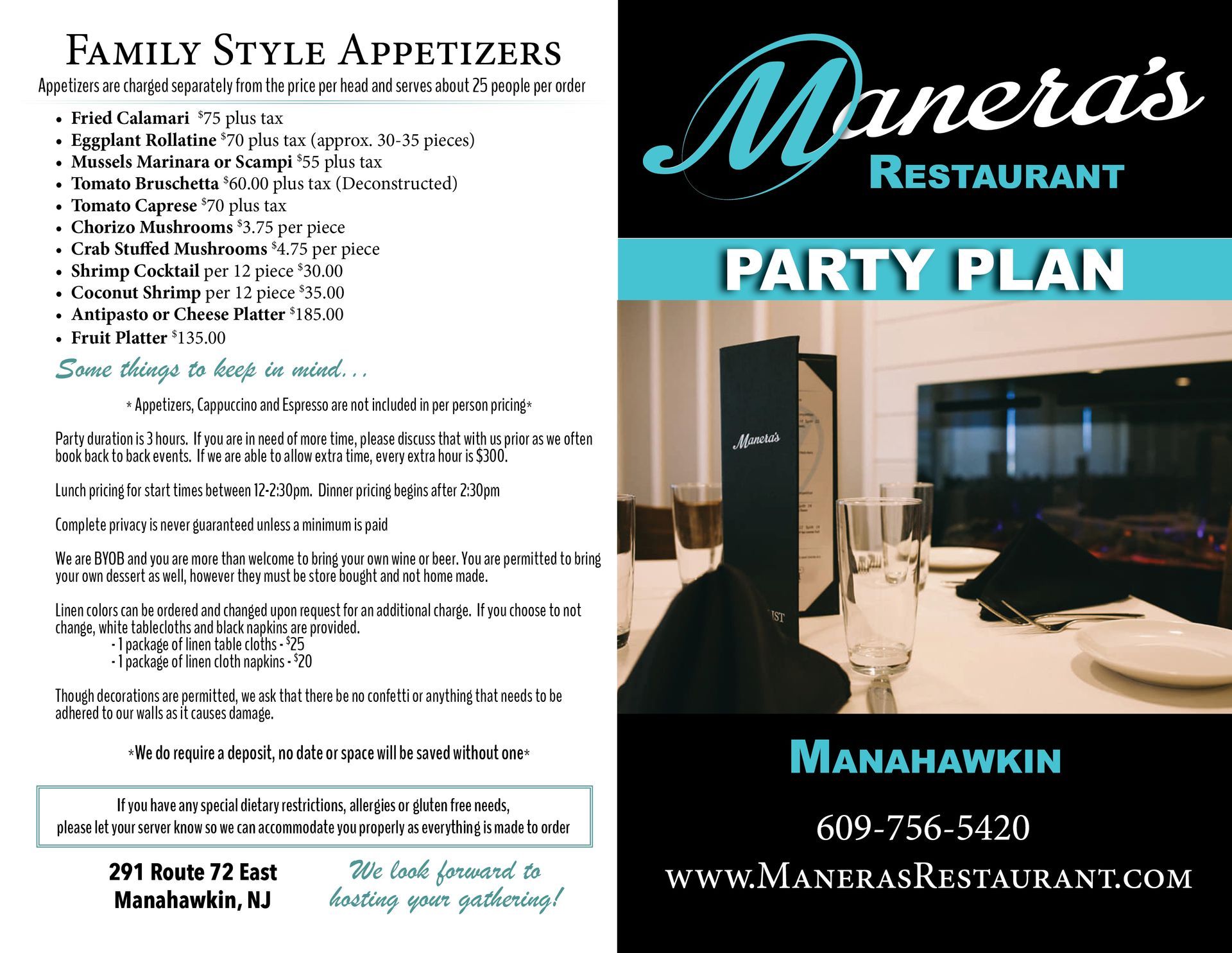 The front and back of a party plan for manera 's restaurant.